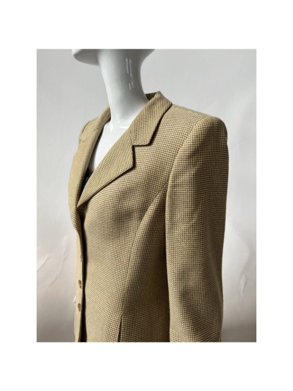 Linda Allard Ellen Tracy Vintage Petite Blazer Beige Houndstooth Wool Silk Blend - Picture 9 of 12